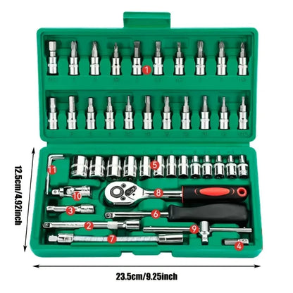 46 peças conjunto de chave de catraca de soquete de unidade de 1/4 de polegada, com conjunto de soquete de broca métrica e barra de extensão para reparo de automóveis