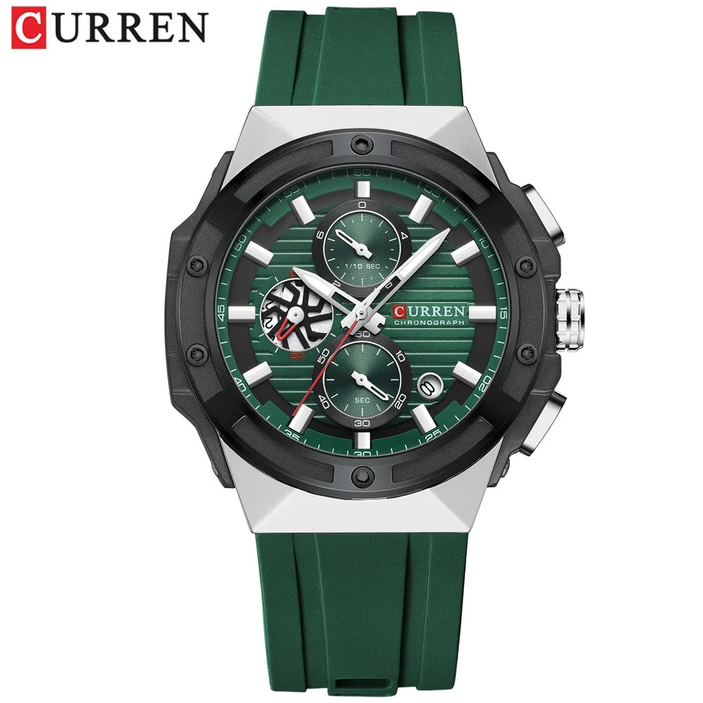 Relógio Masculino CURREN - Moda Esportes, Multifuncional, Cronógrafo com Pulseira de Silicone e Mostrador Luminoso