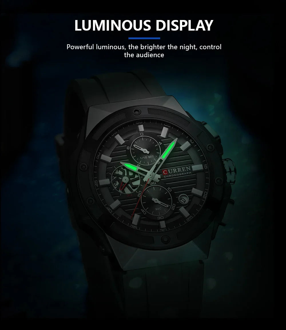 Relógio Masculino CURREN - Moda Esportes, Multifuncional, Cronógrafo com Pulseira de Silicone e Mostrador Luminoso