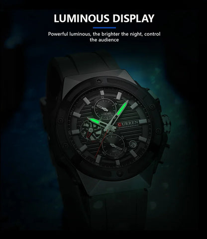 Relógio Masculino CURREN - Moda Esportes, Multifuncional, Cronógrafo com Pulseira de Silicone e Mostrador Luminoso