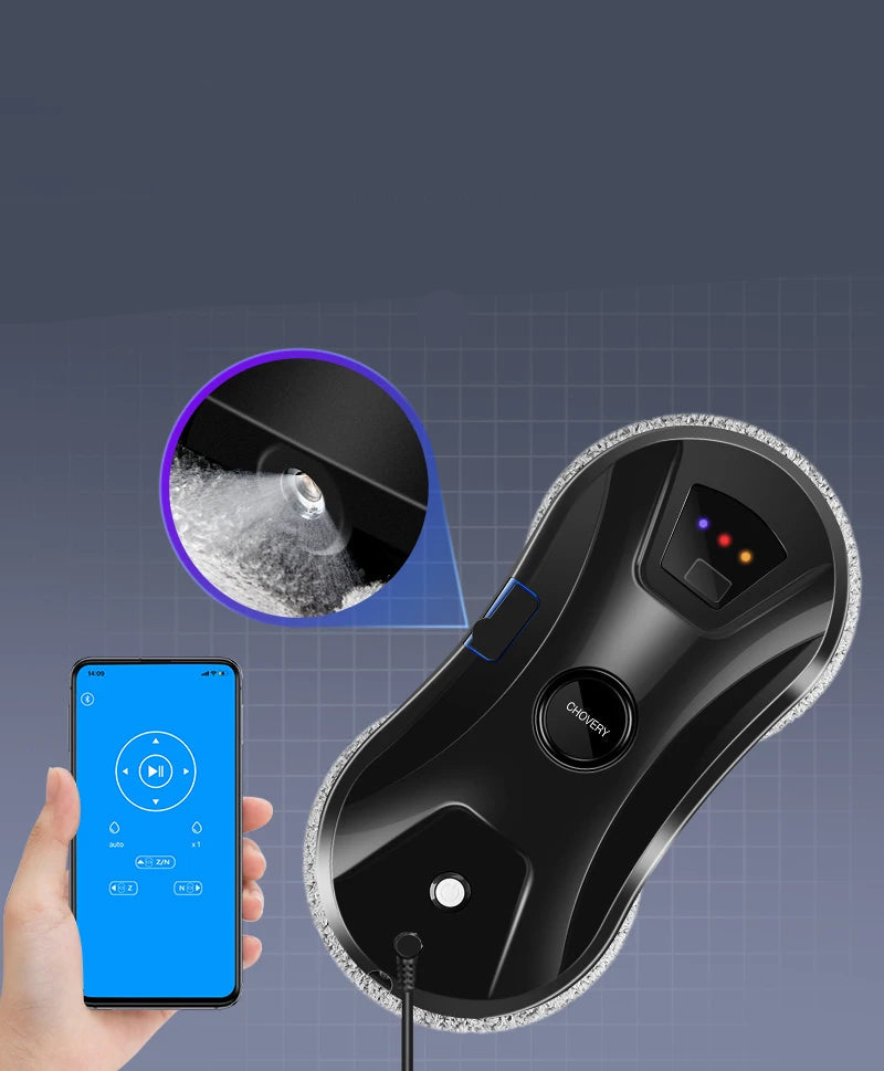 Robo automático para limpeza de vidros, projetado para alcançar janelas altas e de difícil acesso. Equipado com tecnologia de sensores e adesão a vácuo, o dispositivo se move de maneira eficiente sobre a superfície do vidro, removendo sujeiras, manchas e poeira sem necessidade de intervenção manual. Ideal para ambientes comerciais e residenciais, oferecendo uma solução prática e segura para manter os vidros limpos e brilhantes.